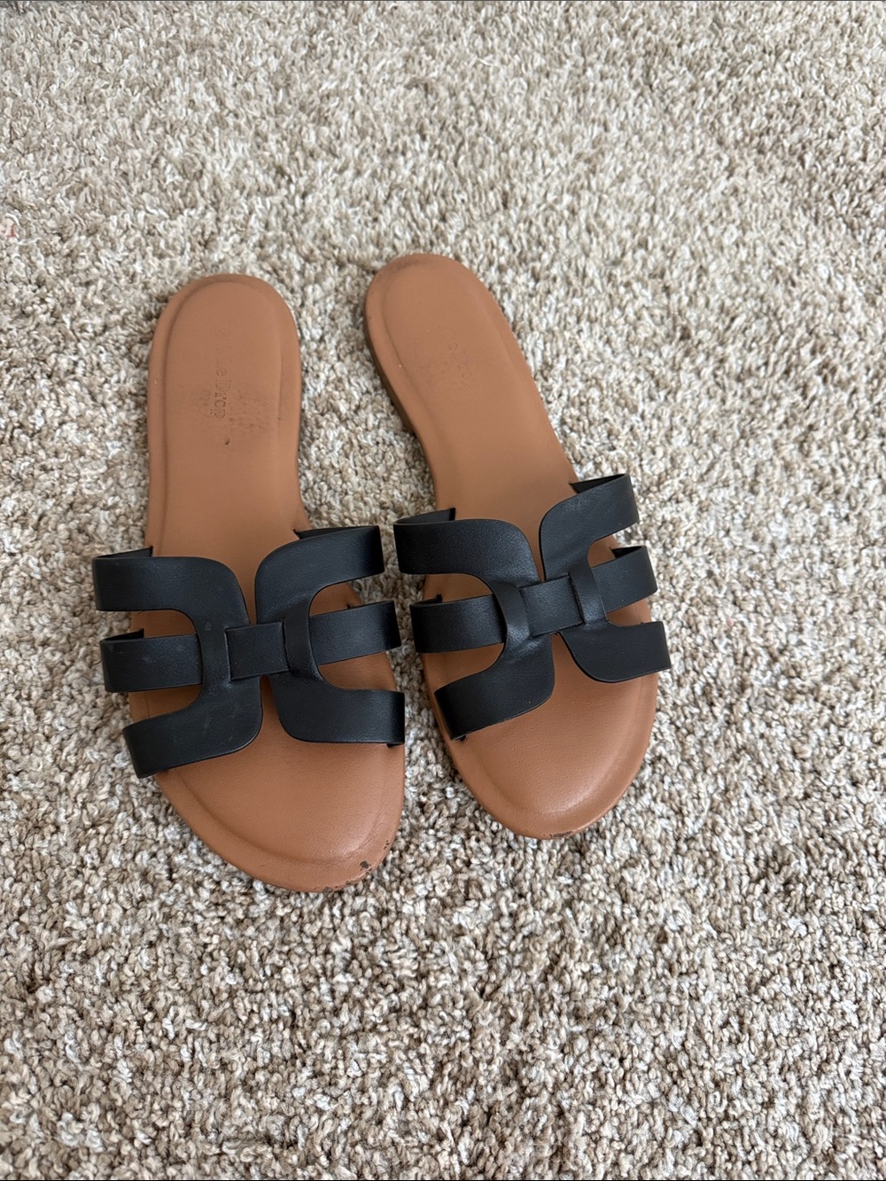 Black Leather Slip-On Sandals with Tan Footbed